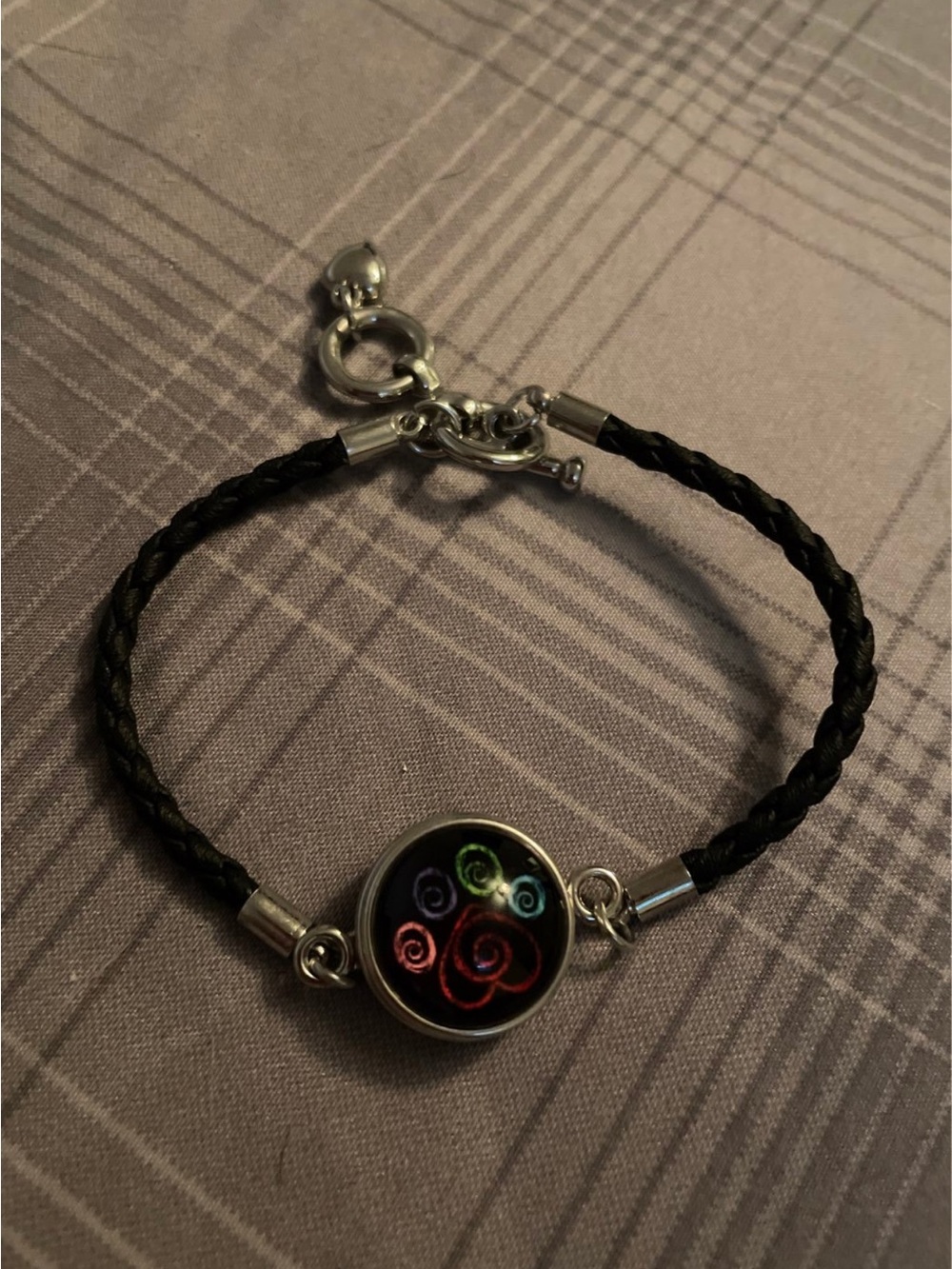 Black Braided Leather Bracelet with Multicolor Pawprint Charm